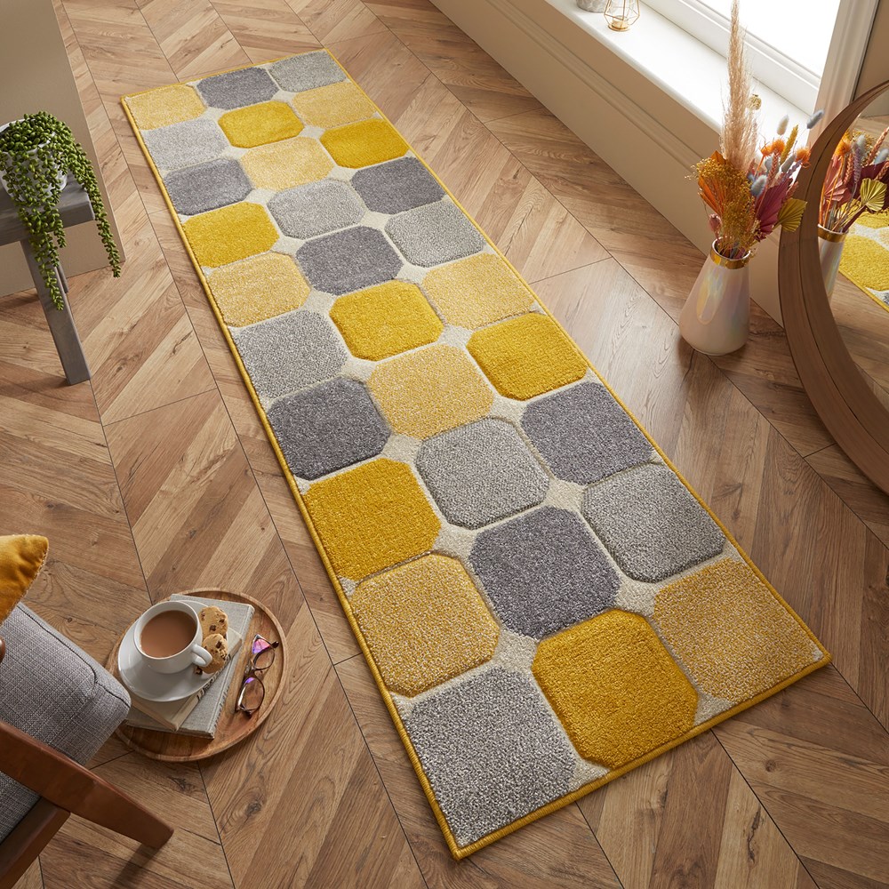 Portland 172 J Geometric Block Runner Rugs in Yellow Grey Cream